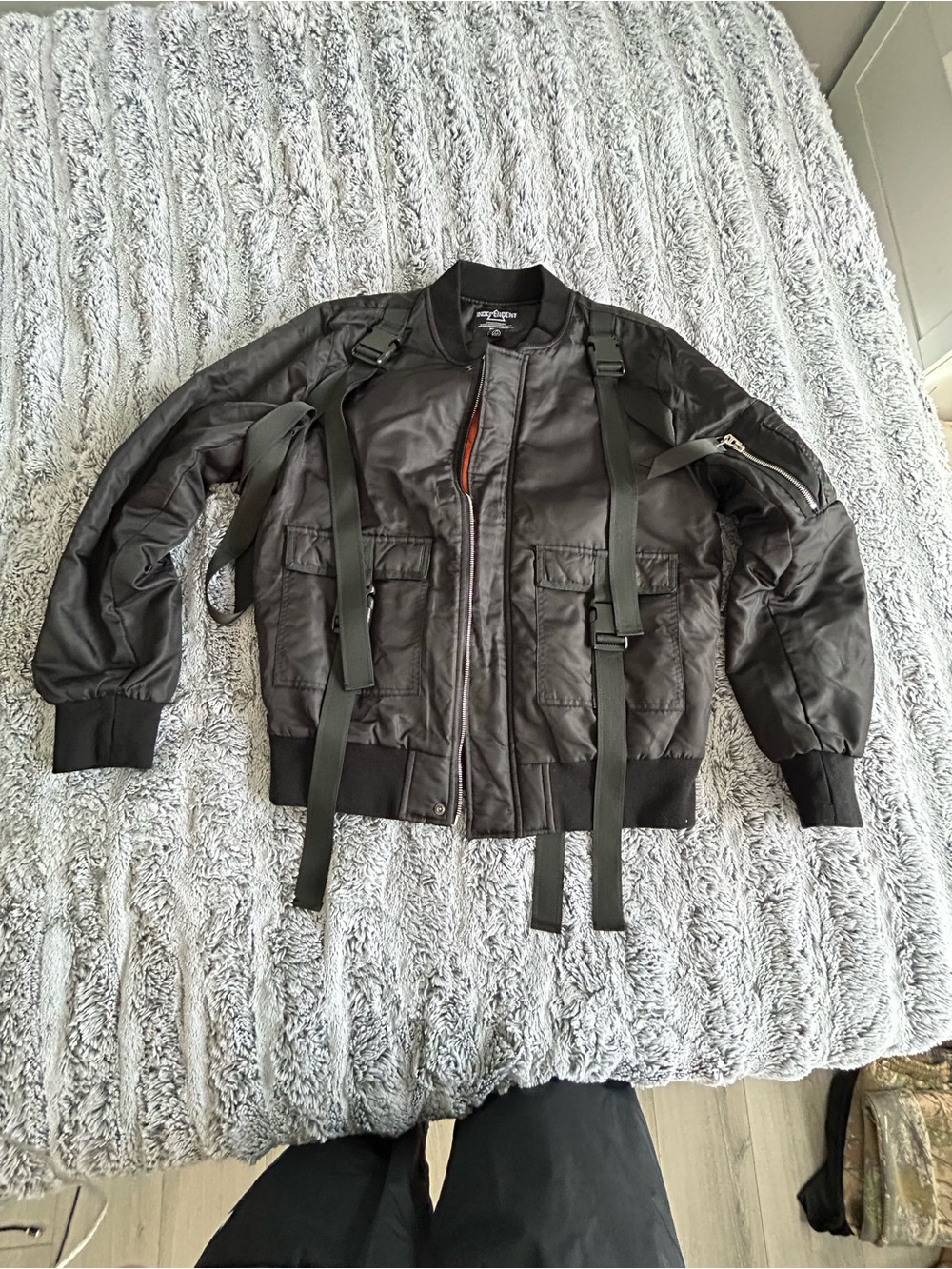 Black Bomber Jacket with Utility Straps